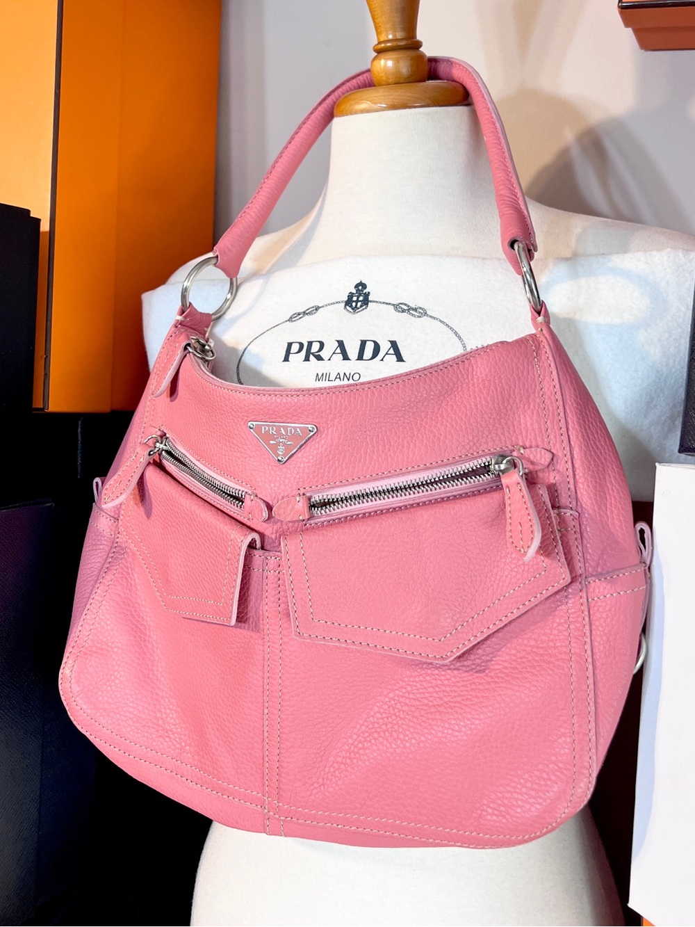 Prada⭐️Pink Pebbled Leather Buffalo Hobo with Silver Hardware! RARE!⭐️Offers!